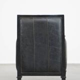 Black Art Deco design cow leather and wooden armchair with loose cushion