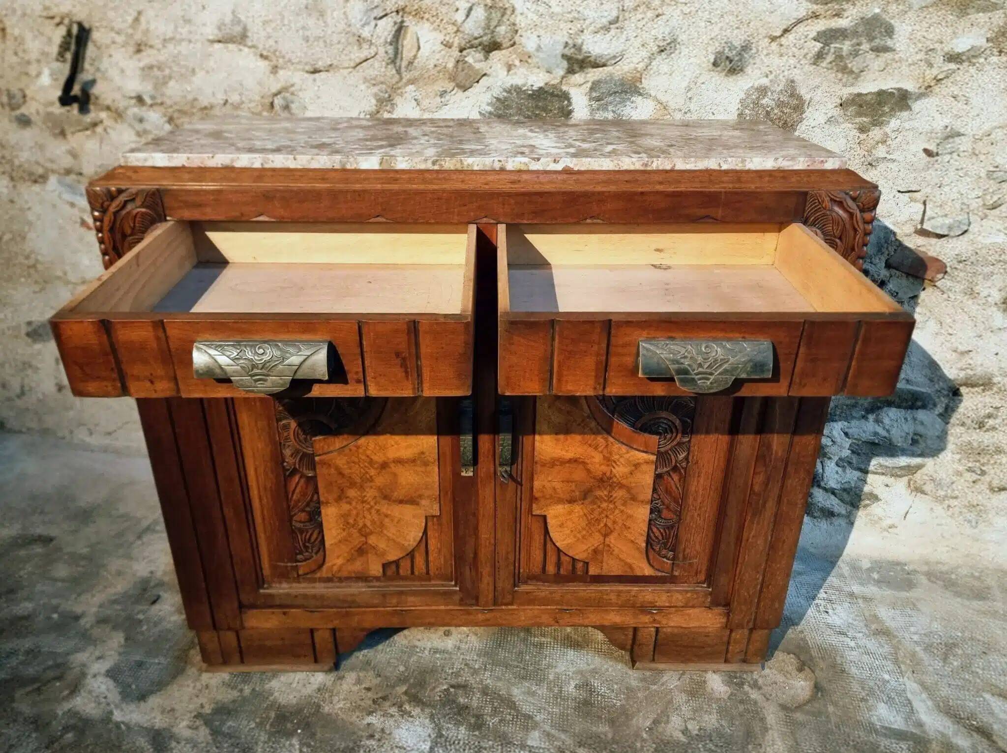 French Art Deco walnut sideboard with marble top (1920s)