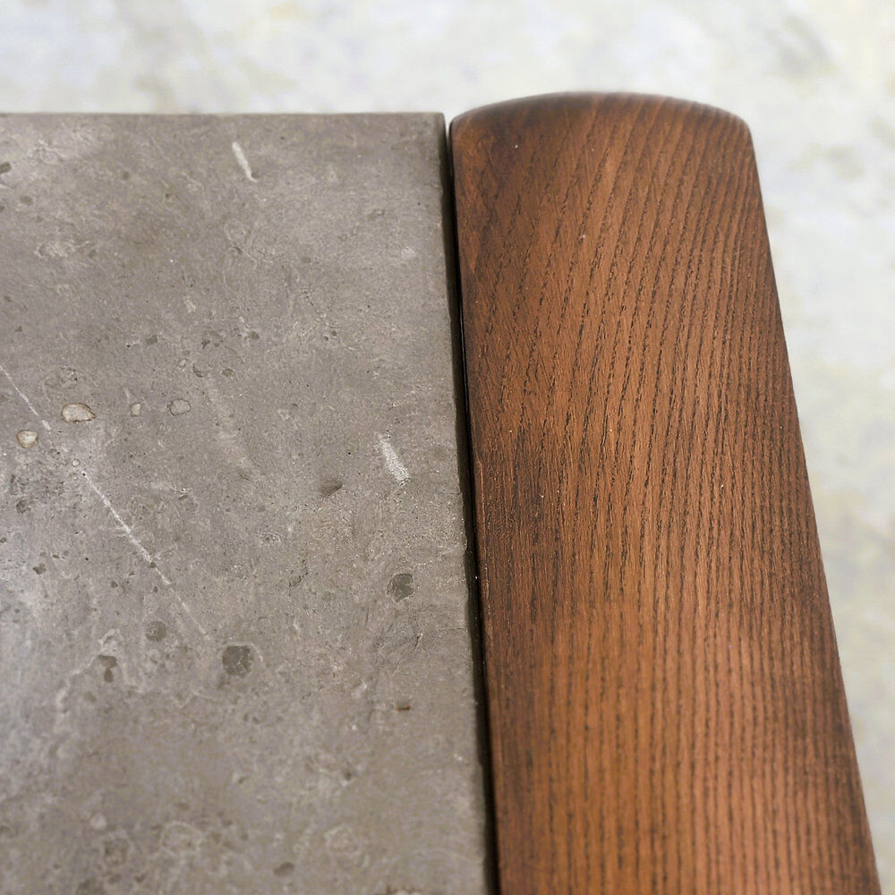 Vintage Belgian oak & fossil slate coffee table, brutalist modern, 1970s