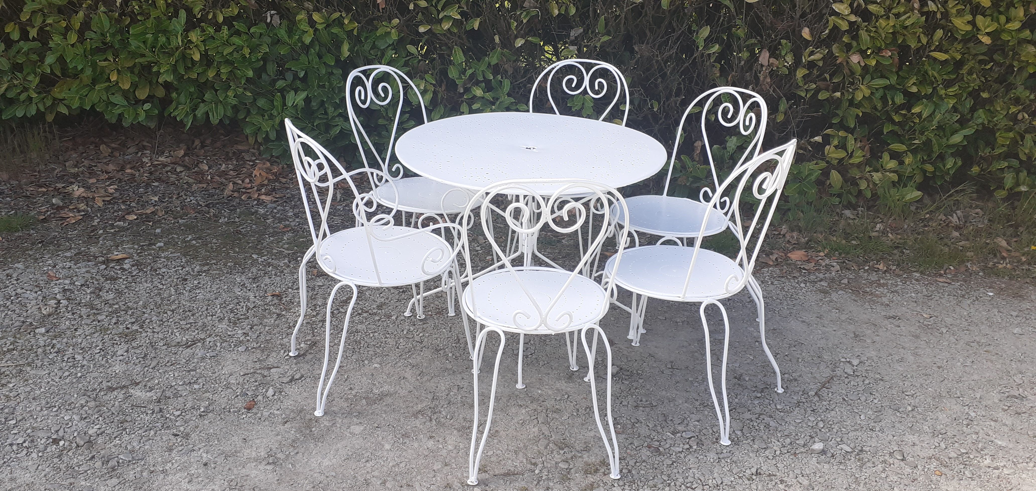 Salon de jardin 1 table 1 fauteuils 5 chaises fer forgé blanc ancien