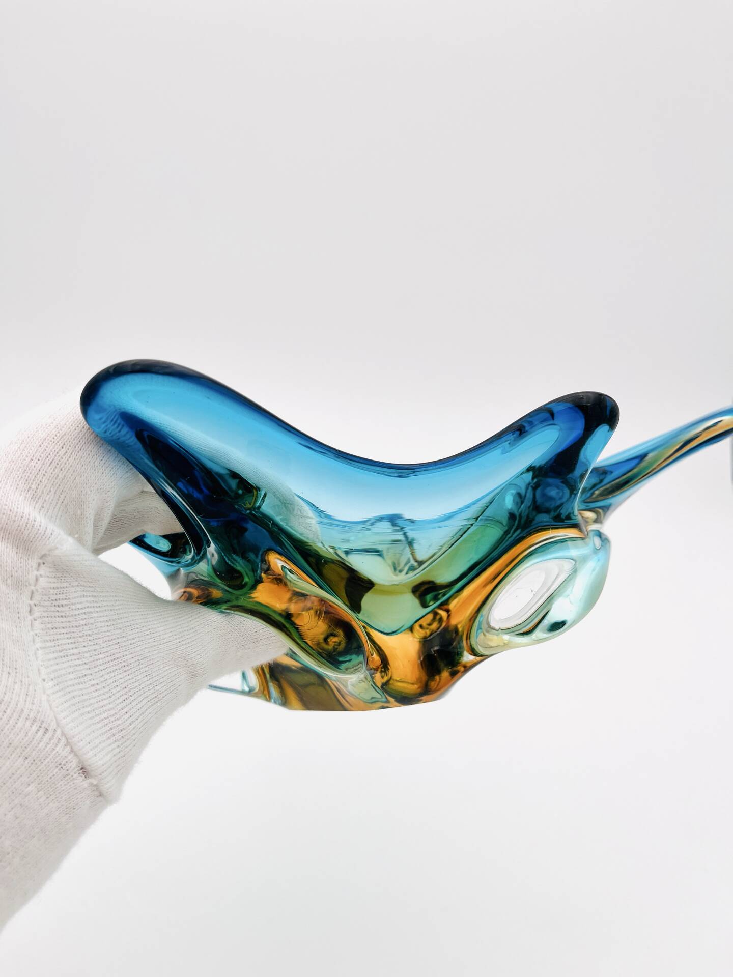 Murano Sommerso Blue Amber Sculpture Bowl 23cm