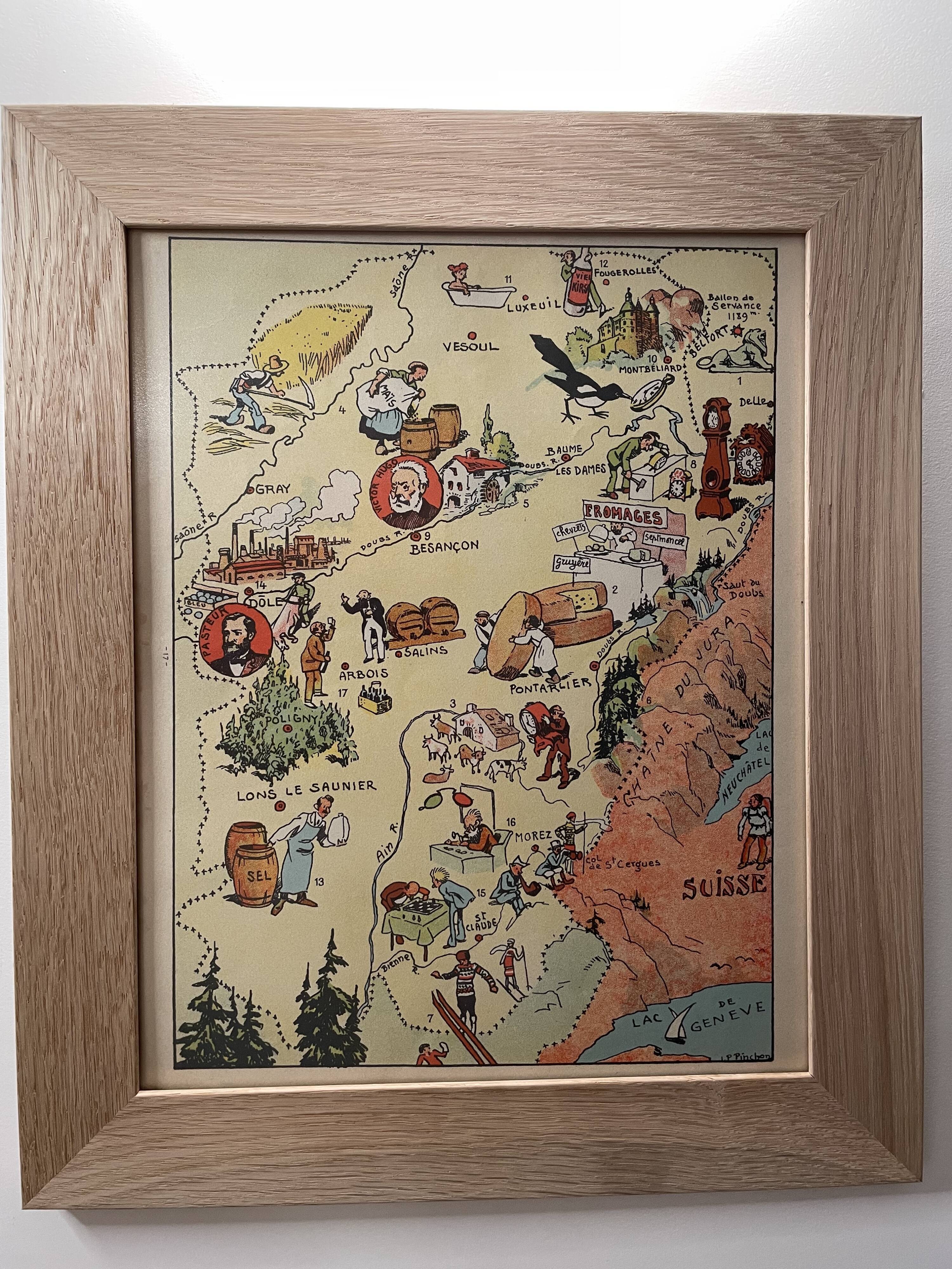 Old poster map of Franche Comté 1946 - JP Pinchon
