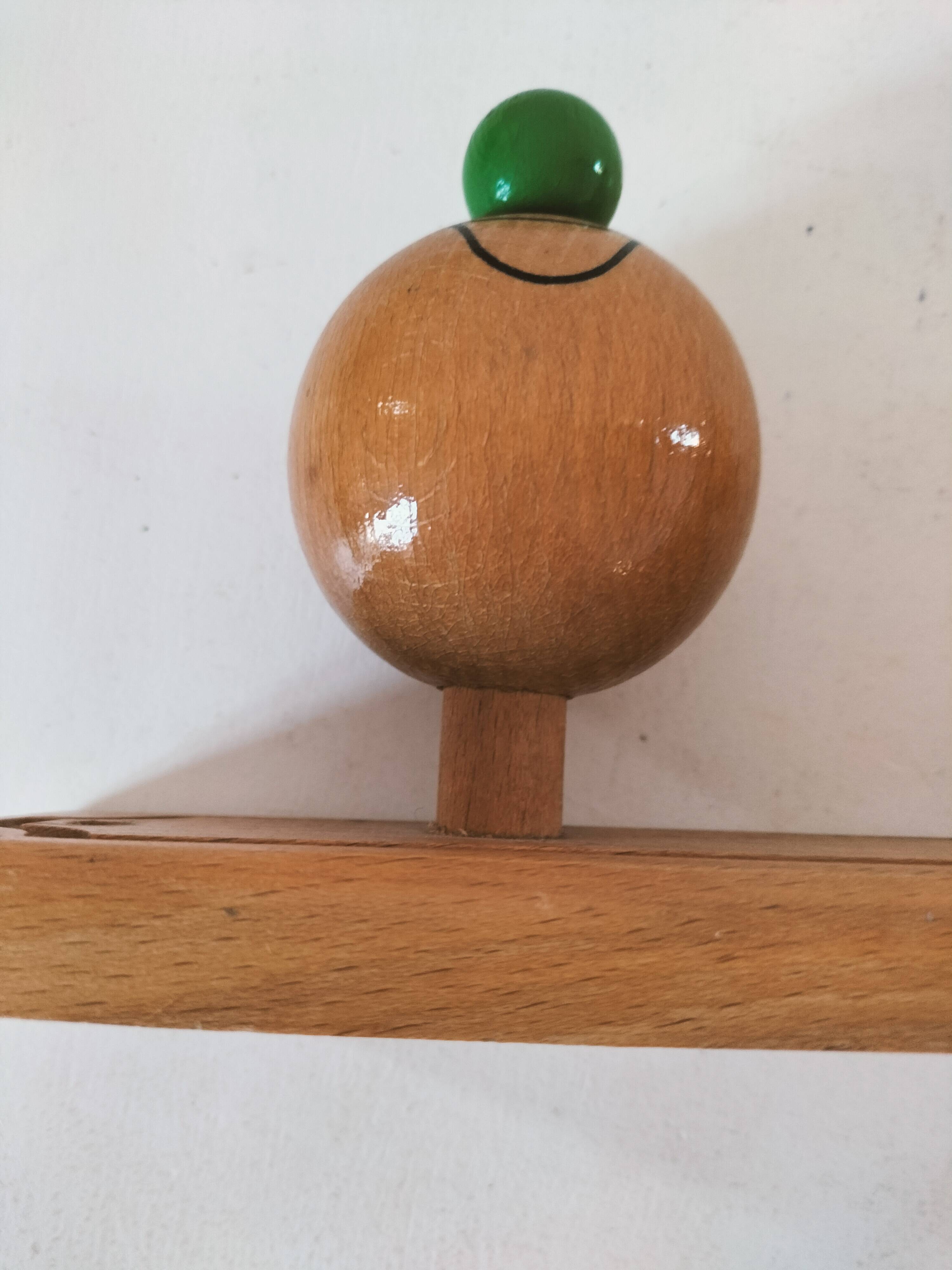 Vintage wooden children's coat rack - smiling heads hooks