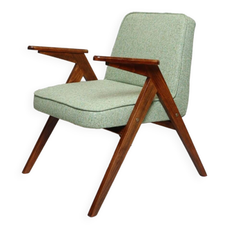 Fauteuil vintage en bois teck couleur vert pomme tissu design par Chierowski 1962 granola chaise de salon moderne style fauteuil oryginal
