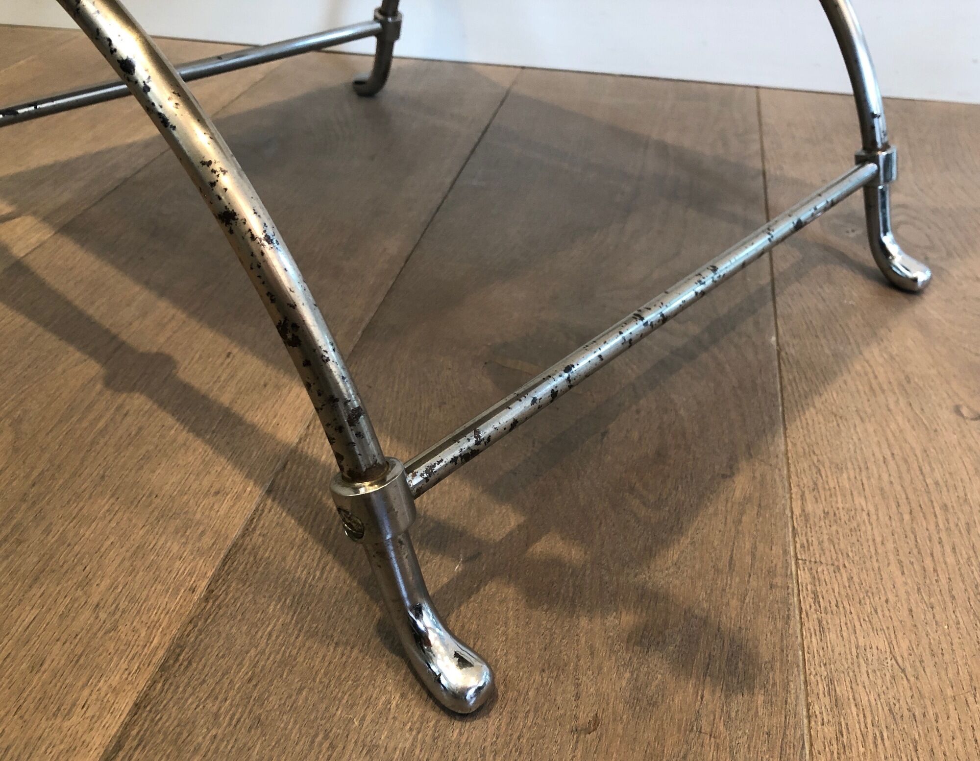 Curule stool in silver steel neoclassical style with swan heads