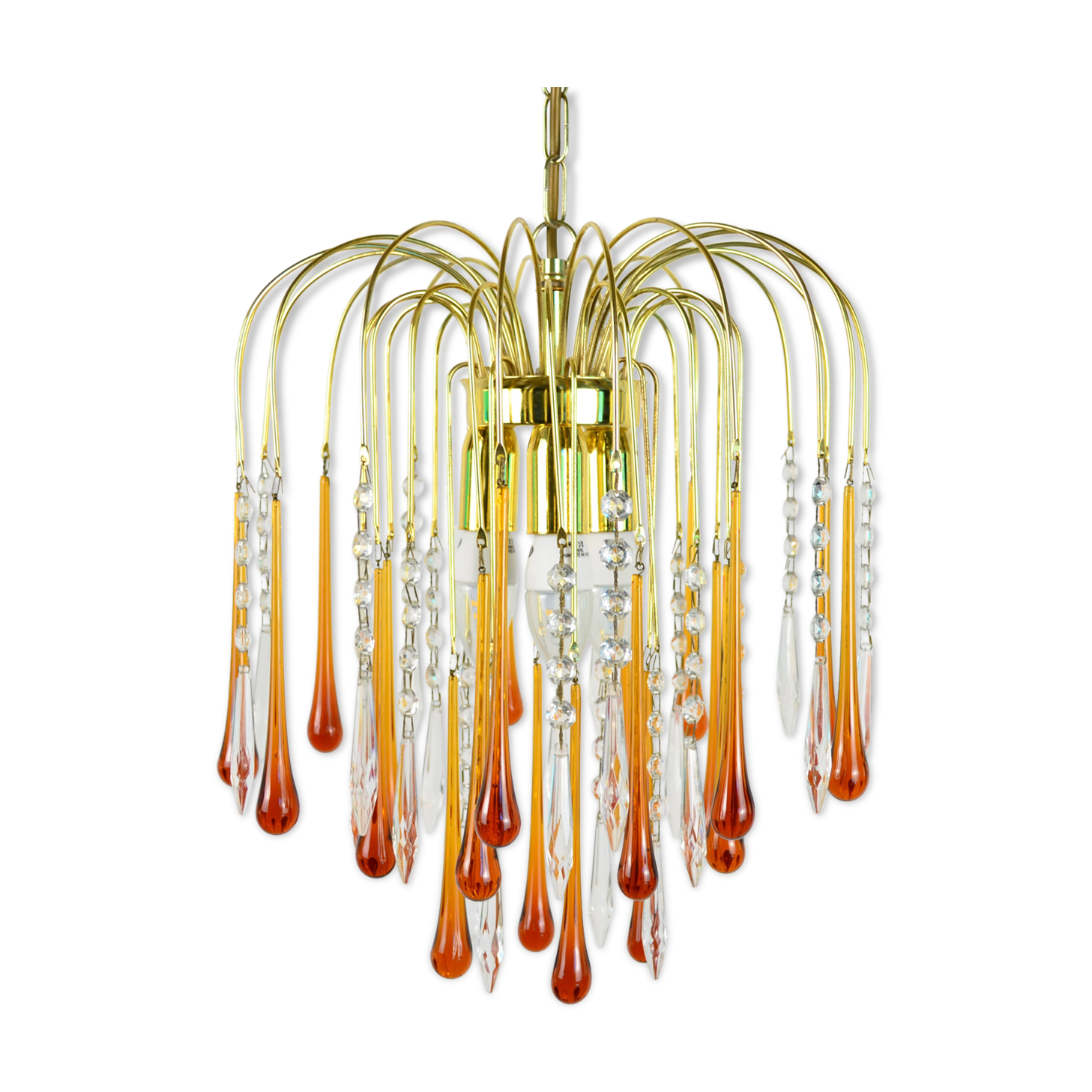 A pair of Mid Century 70's waterfall chandeliers. Murano glass amber drops. Paolo Venini style.