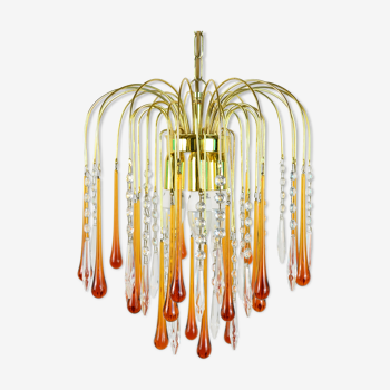 Lustre cascade du milieu du siècle 70 gouttes d’ambre en verre de Murano