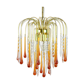 A pair of Mid Century 70's waterfall chandeliers. Murano glass amber drops. Paolo Venini style.