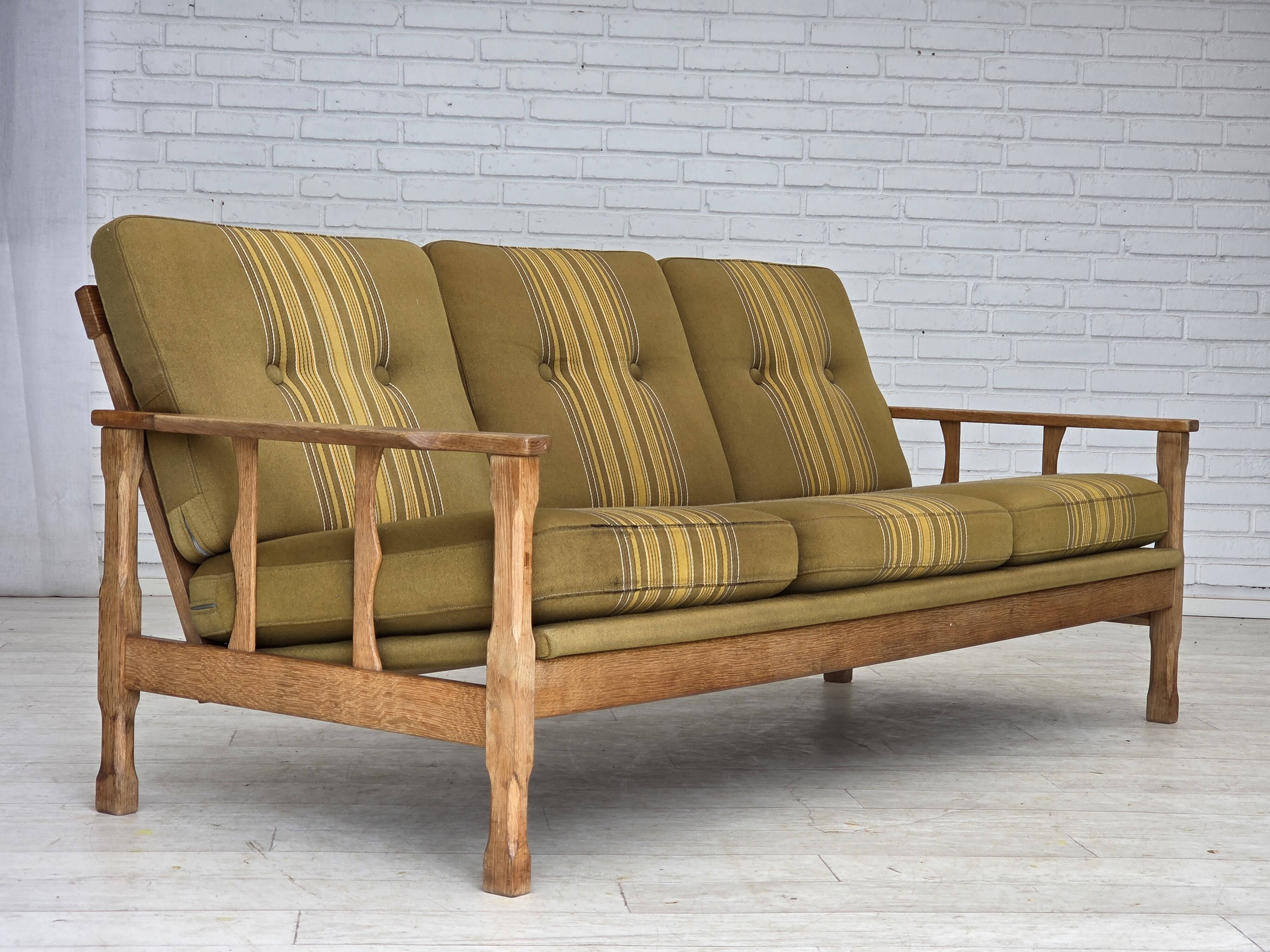 1970s, Danish 3-seater sofa, furniture wool, solid oak wood.