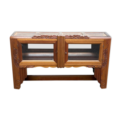 Haut de buffet vitré Art déco en noyer massif et miroir 1940