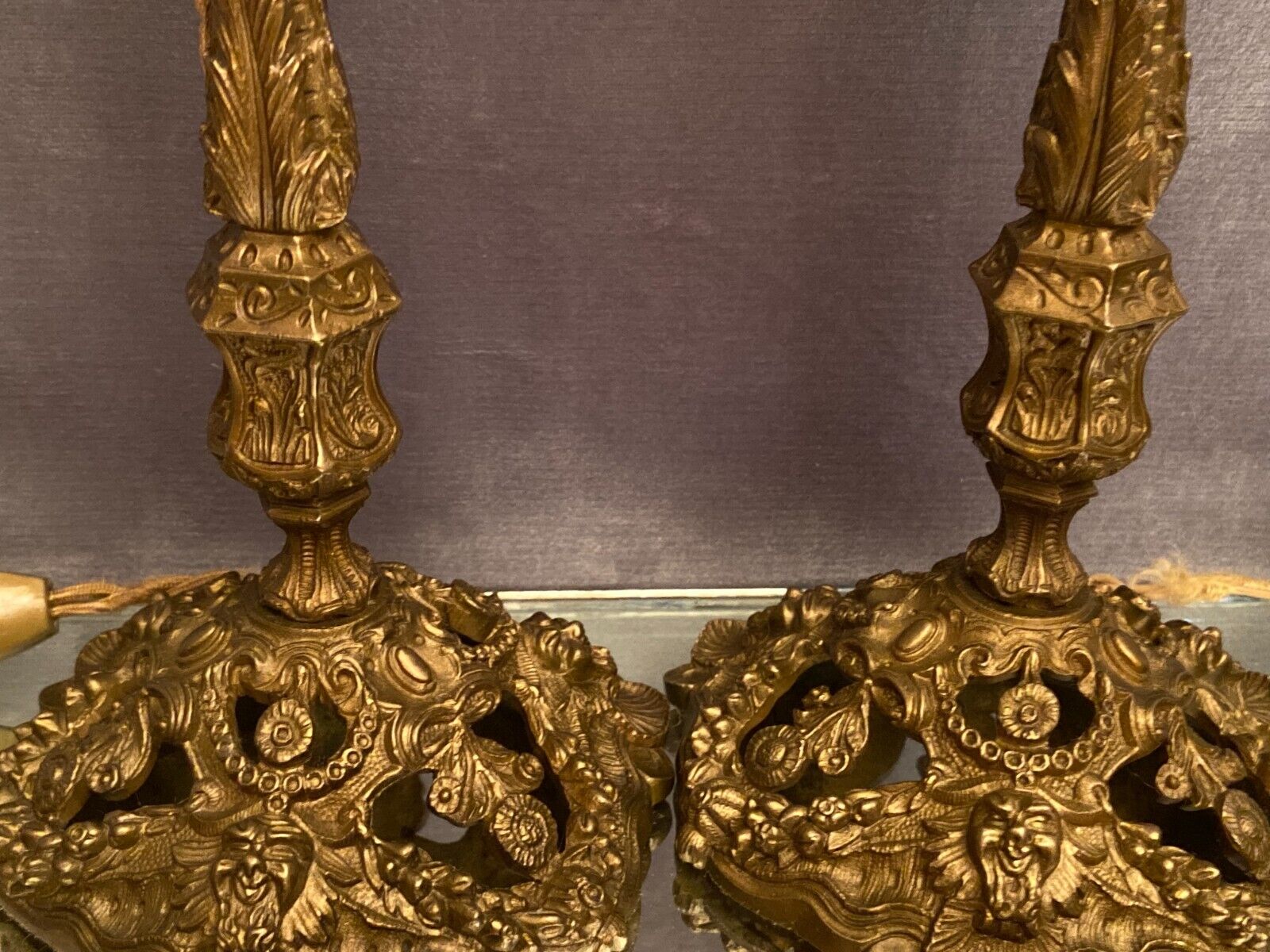 Pair of candlesticks mounted in late nineteenth century bronze lamp base Renaissance style