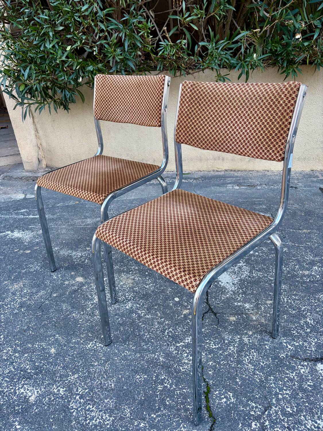 Pair of vintage velvet patterned chairs/steel from the 70s.