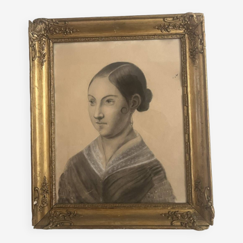 Portrait de jeune femme au fusain, école française vers 1840