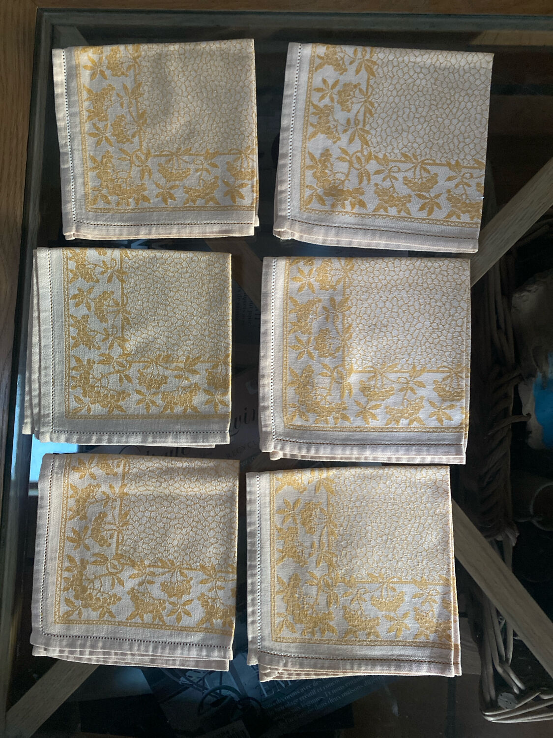 Set of 6 monogrammed damask tea towels