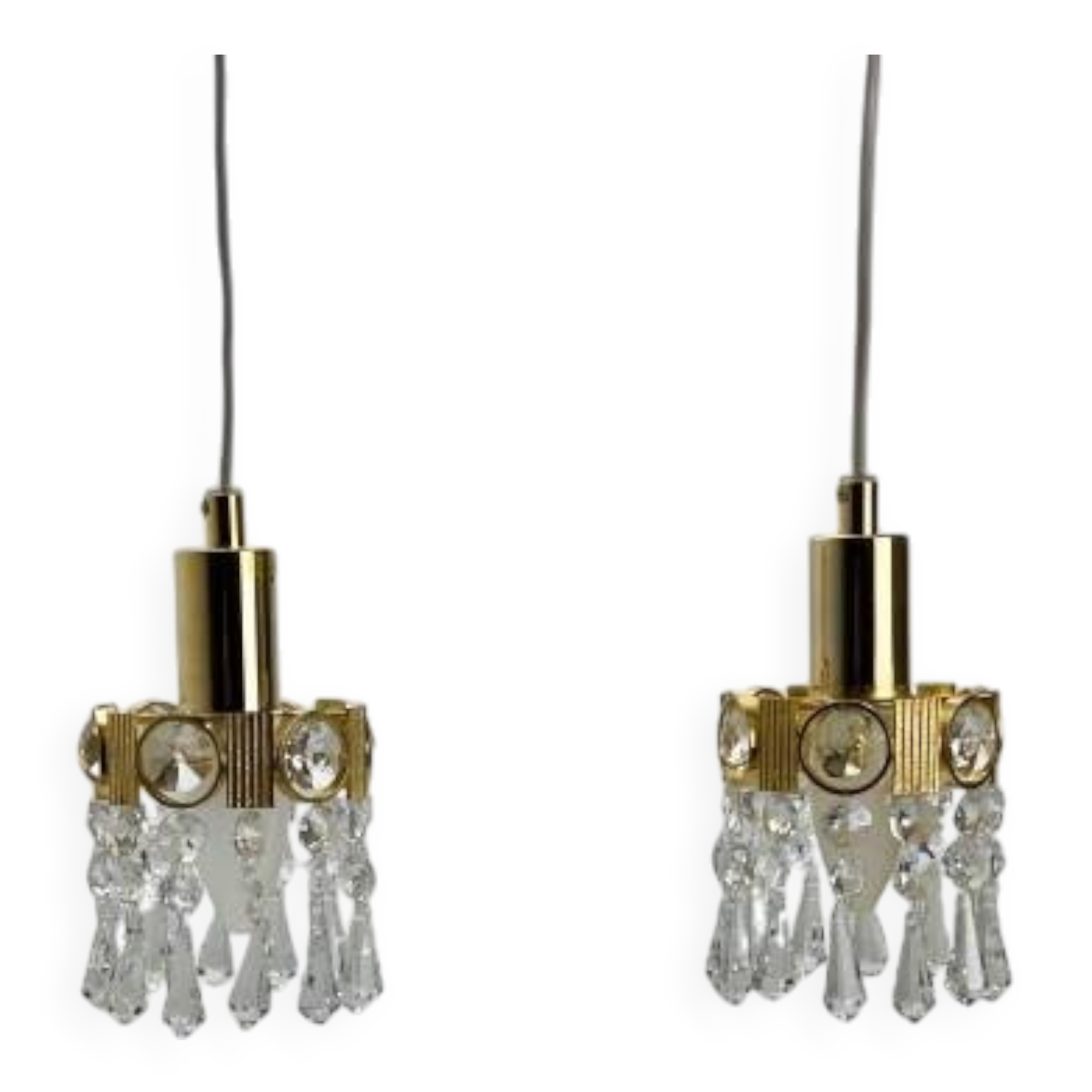 Two gold-plated brass and crystal pendant lights, by Palwa, 1960s design, Hollywood Regency.
