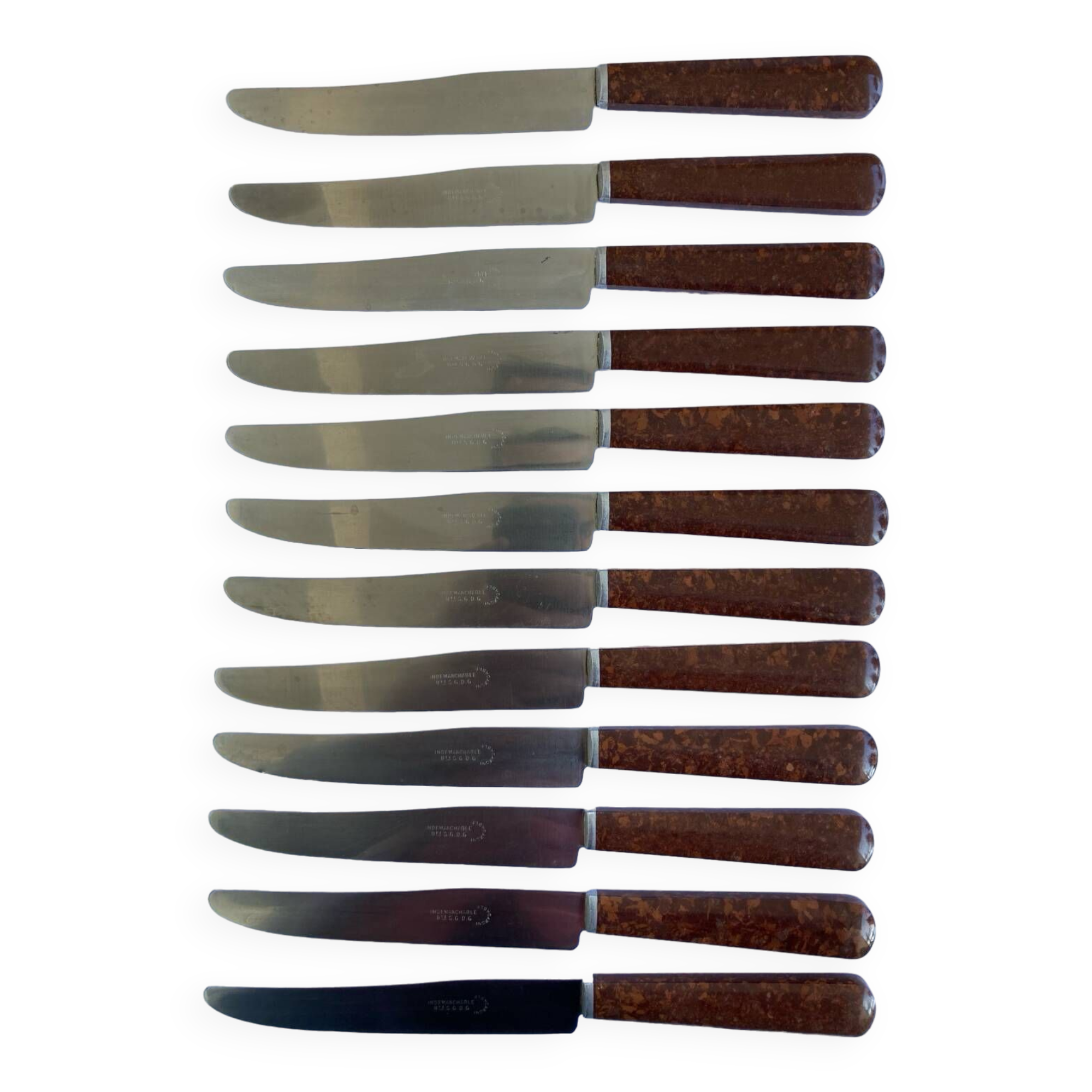 12 table knives stainless steel blade round ends / Bakelite handles with wood burl effect / 1950s