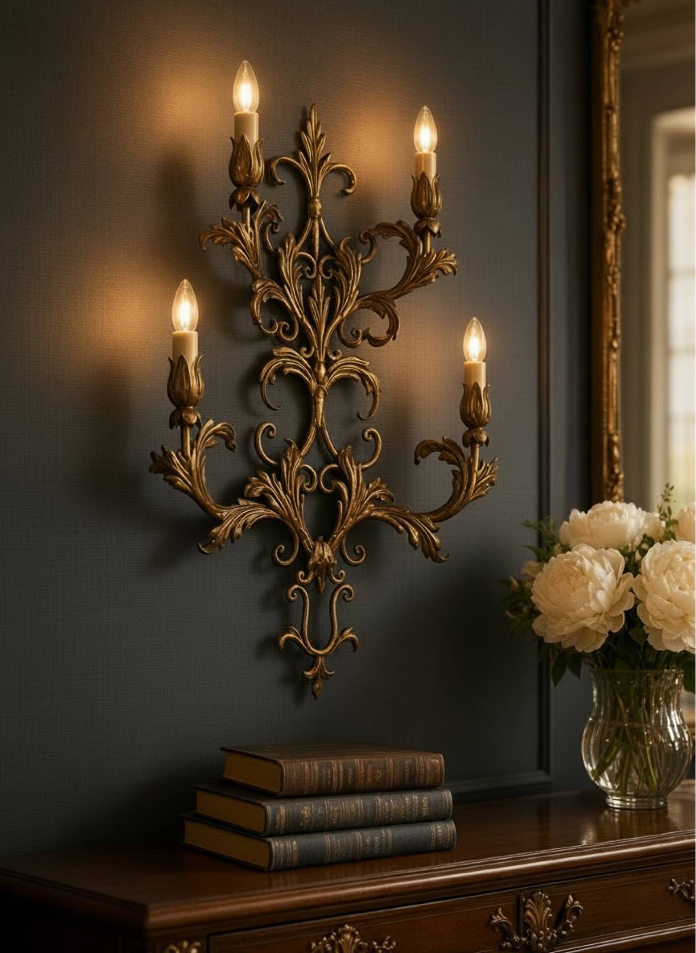 Large Italian Tole Gold Gilded Sconces Set of 2  1960’s 