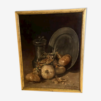 Oil painting on canvas signed J. Fleury-Bin Still Life with pewter and onions