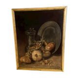 Oil painting on canvas signed J. Fleury-Bin Still Life with pewter and onions