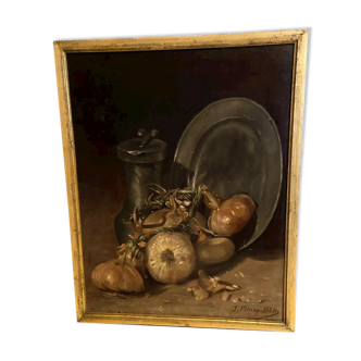 Oil painting on canvas signed J. Fleury-Bin Still Life with pewter and onions