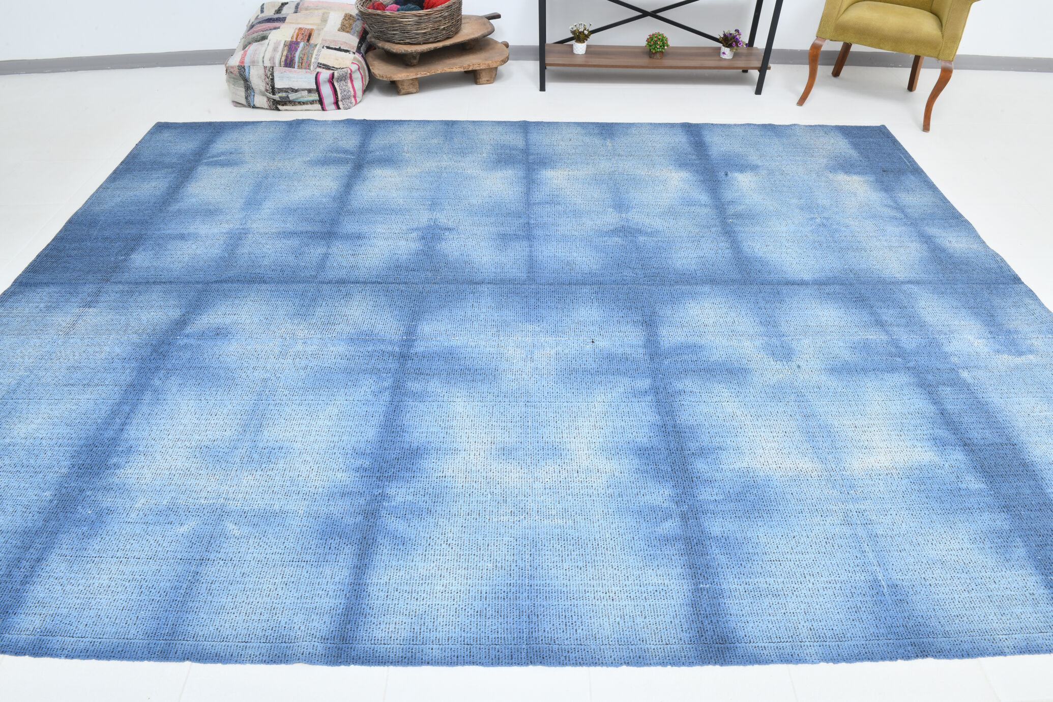 Shades of blue flatweave vintage rug 359x269cm