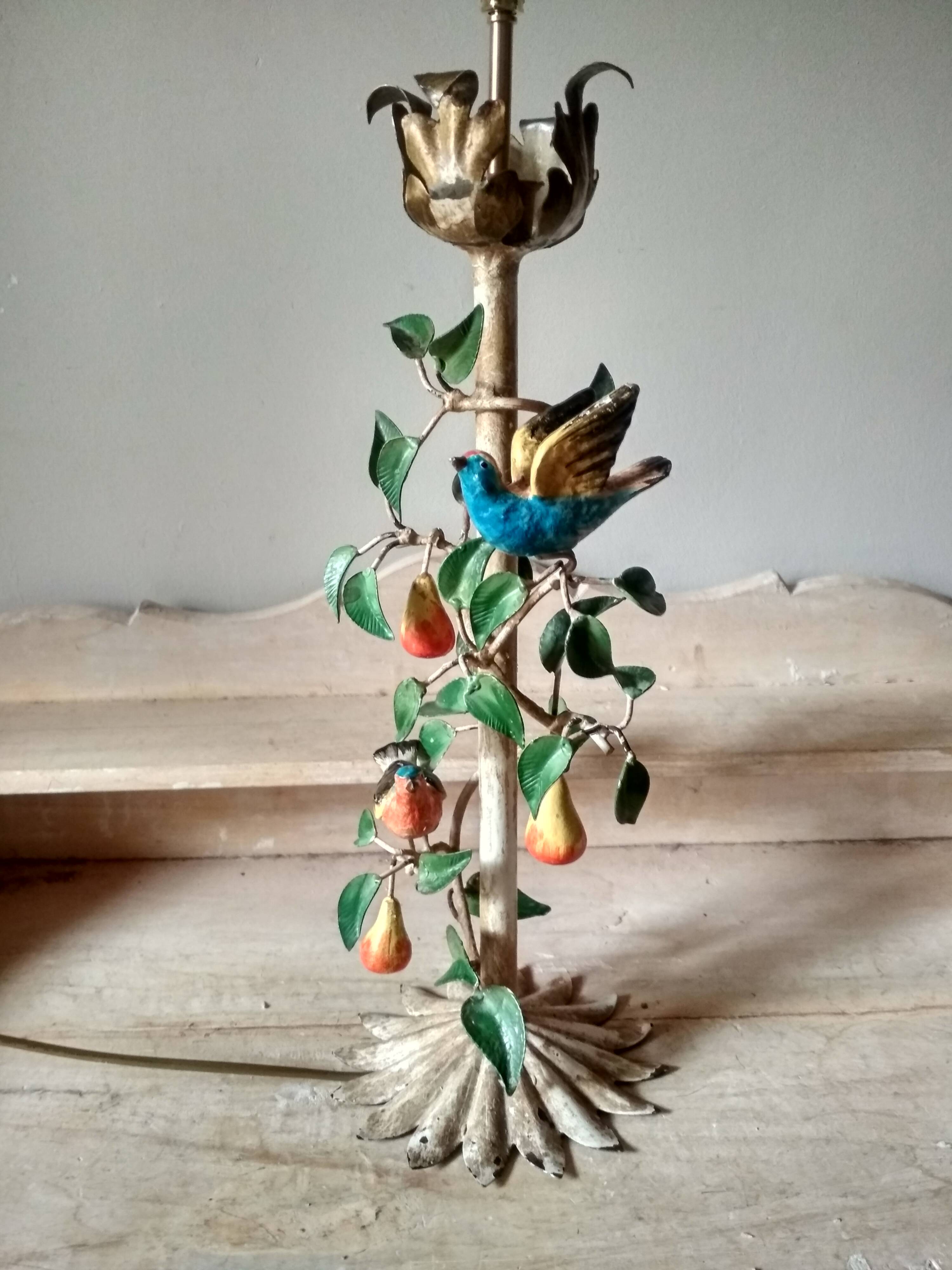 Painted metal candle holder lamp - wrought iron fruit and bird lamp base