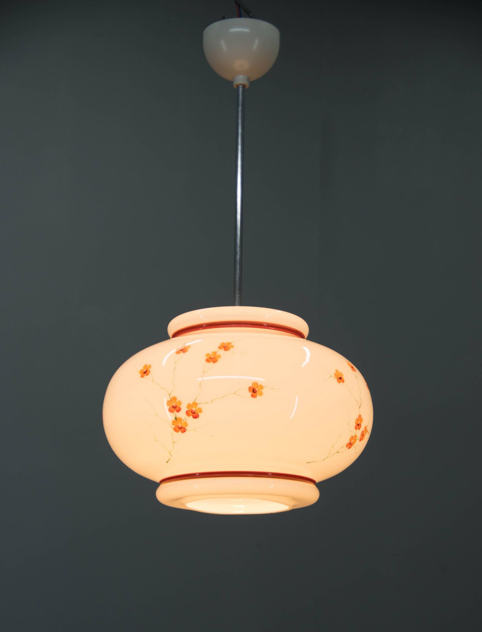 1970s Hand-Painted Milk Glass Pendant Light  Mid-Century Vintage