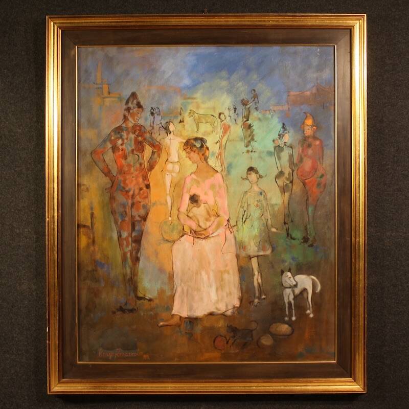 Italian painting, Family of Acrobats, dated 1981