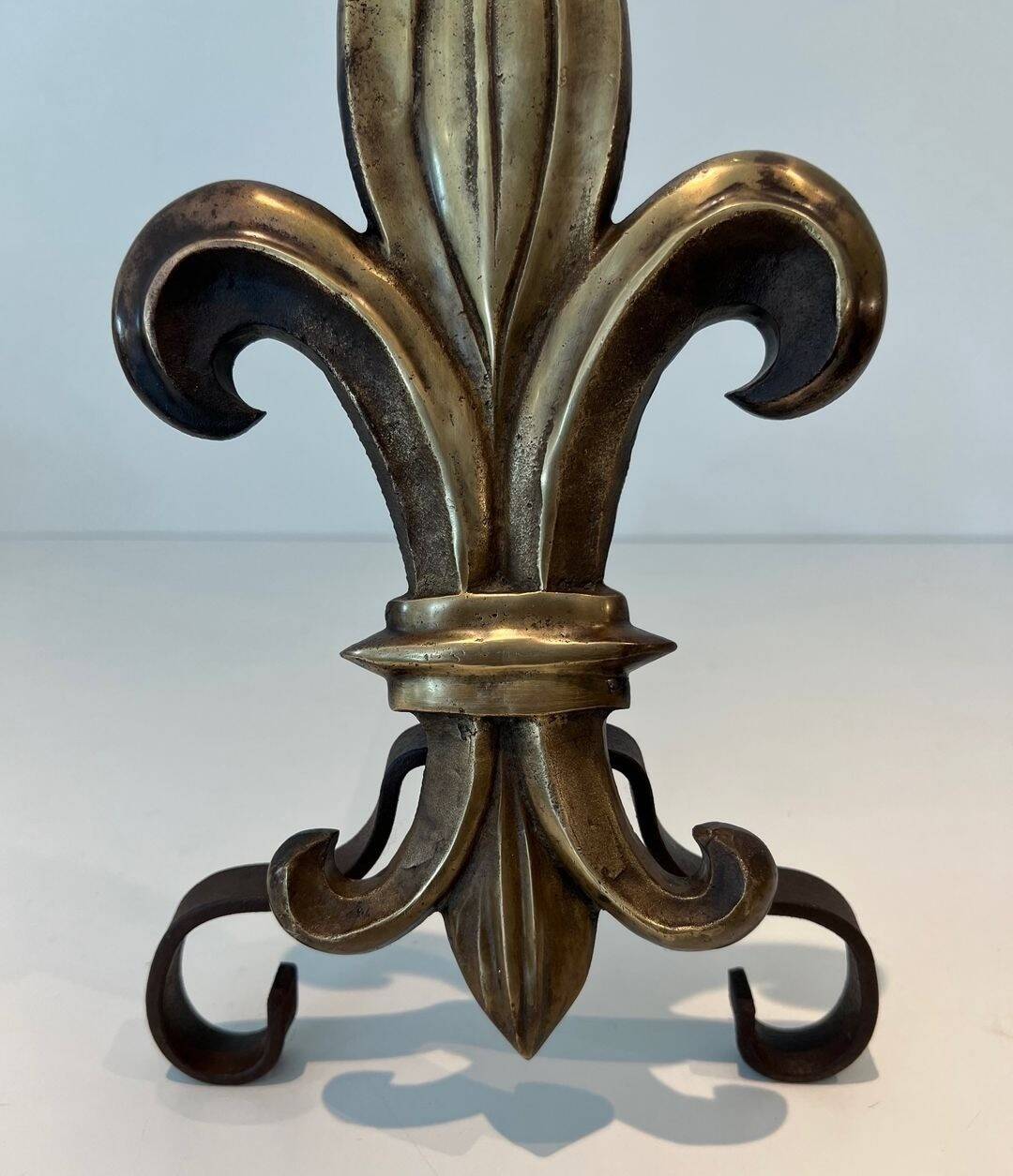 Pair of Bronze and Wrought Iron Chenets with Fleur-de-Lys Supports. France.