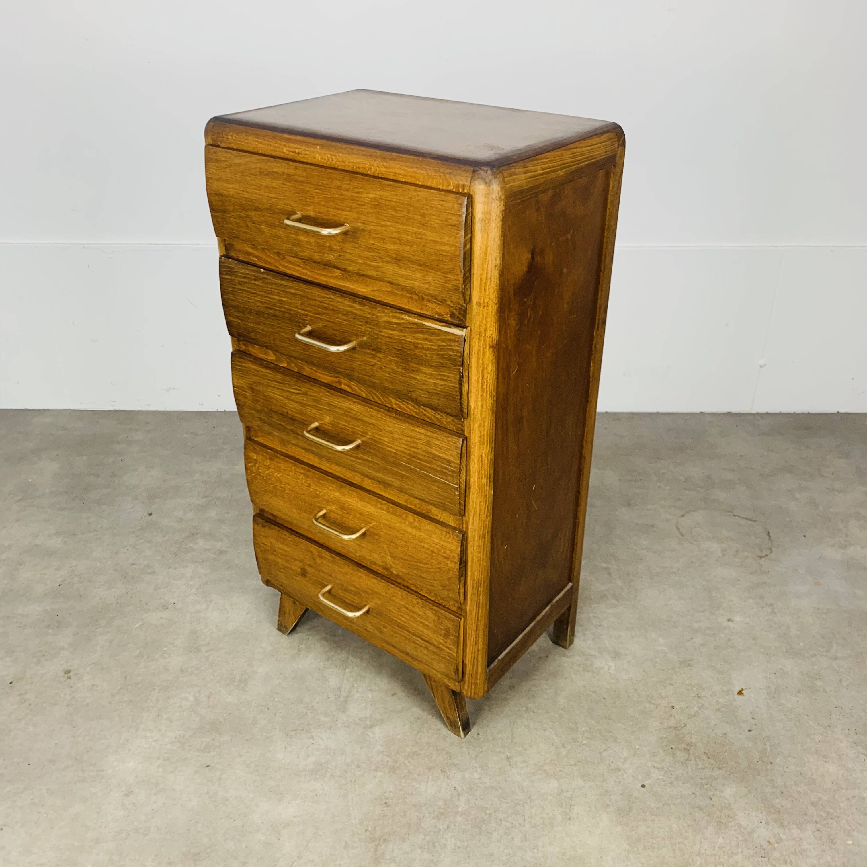 Commode chiffonnier pied compas, années 50, bois