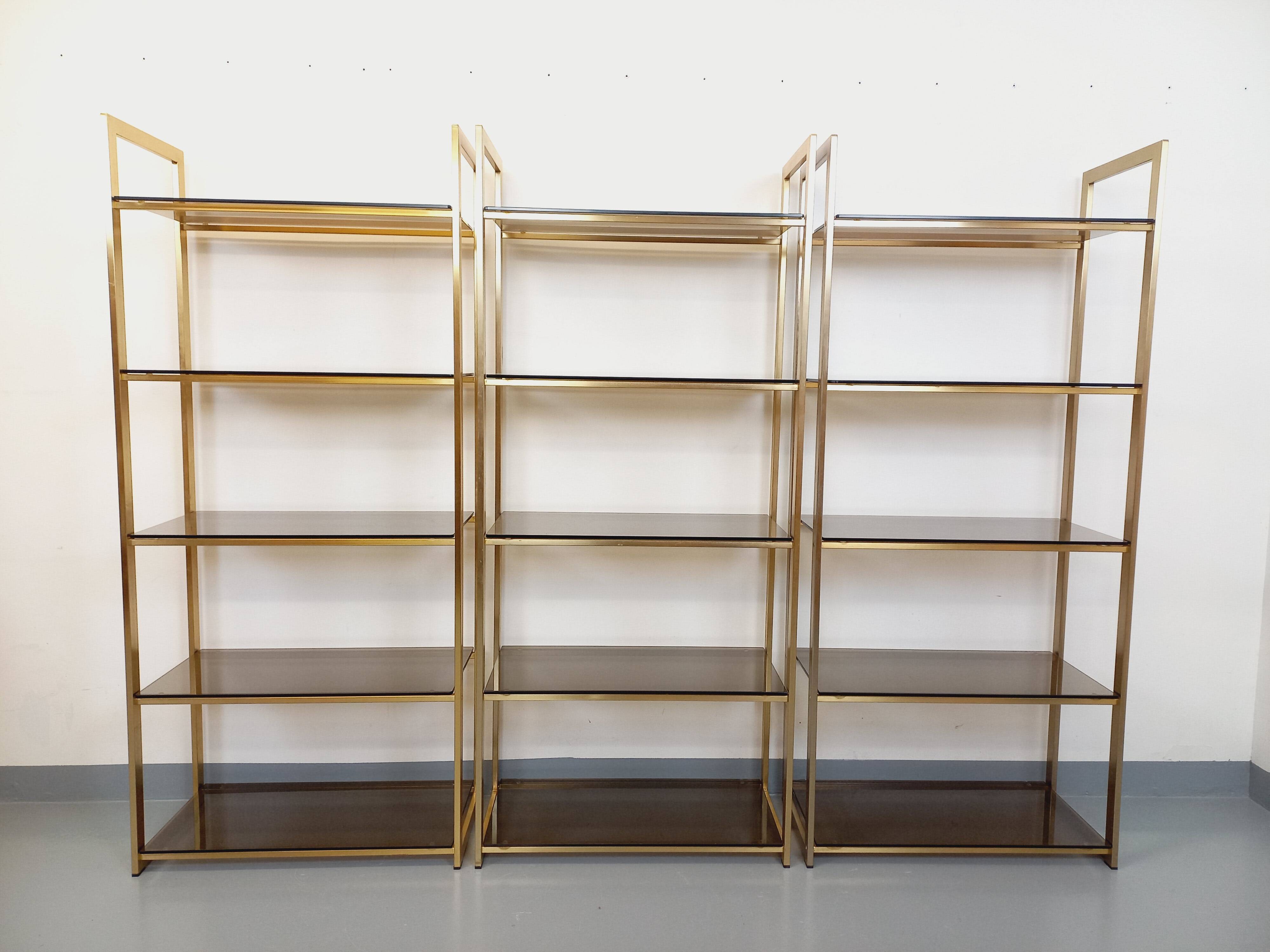 Artelano vintage bookcase shelves in gold metal smoked glass from the 70s