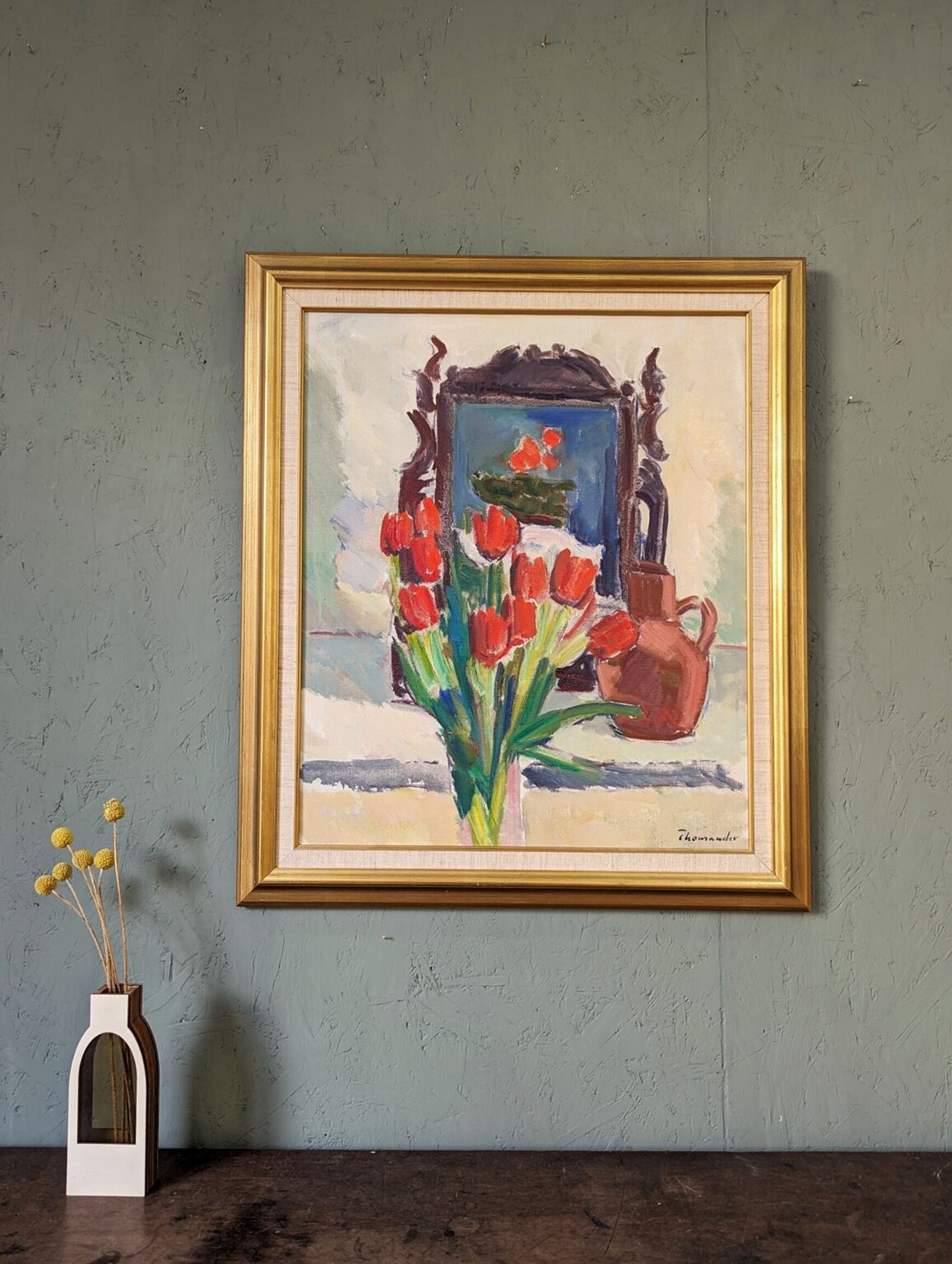 Mid-Century Modern "Window Red Tulips", Swedish Interior Still Life Oil Painting, Framed