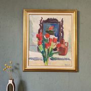 Mid-Century Modern "Window Red Tulips", Swedish Interior Still Life Oil Painting, Framed