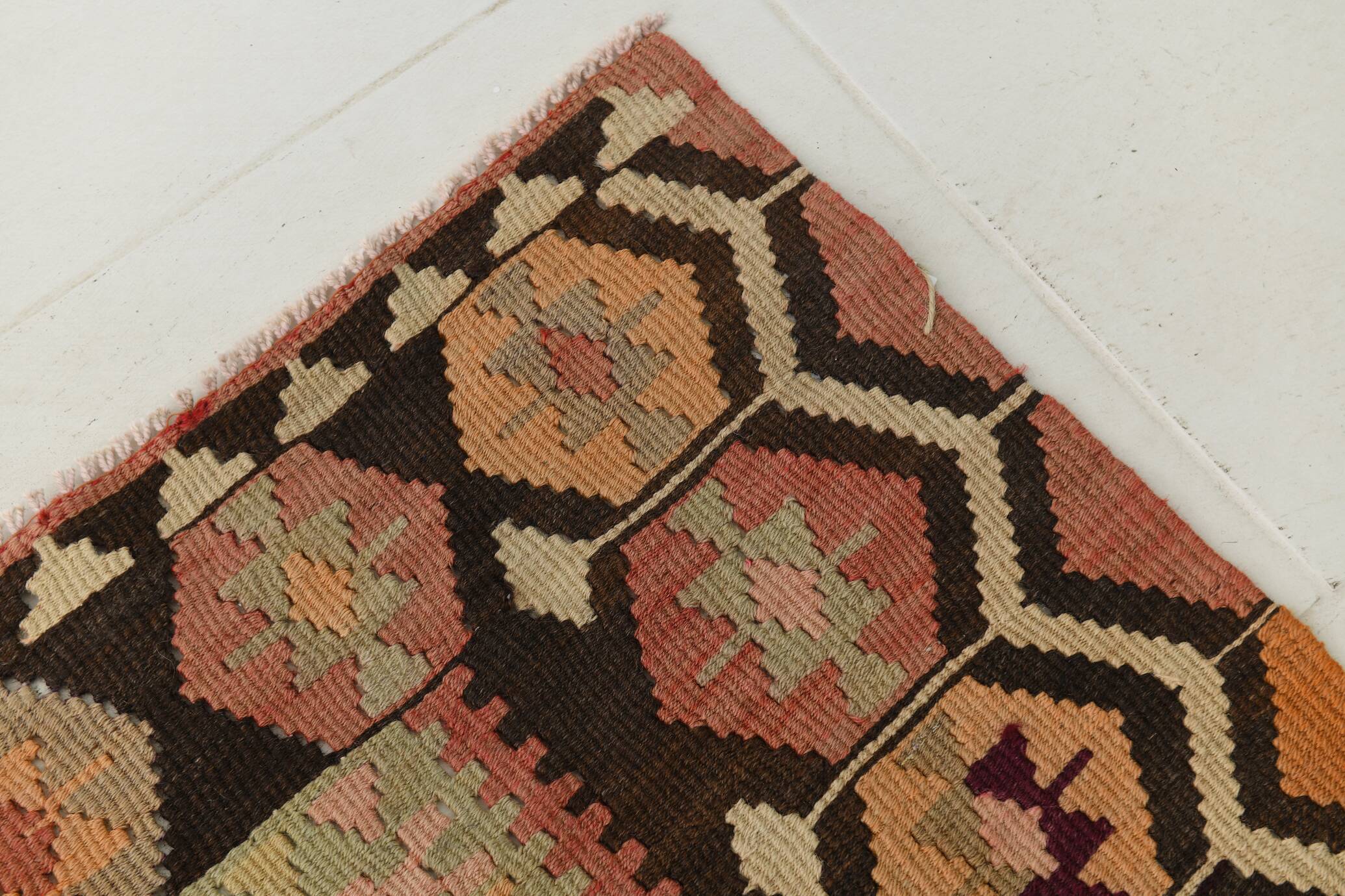 Turkish Vintage Kilim Rug: Shades Of Red Brown Handmade Wool Rug 160x417Cm