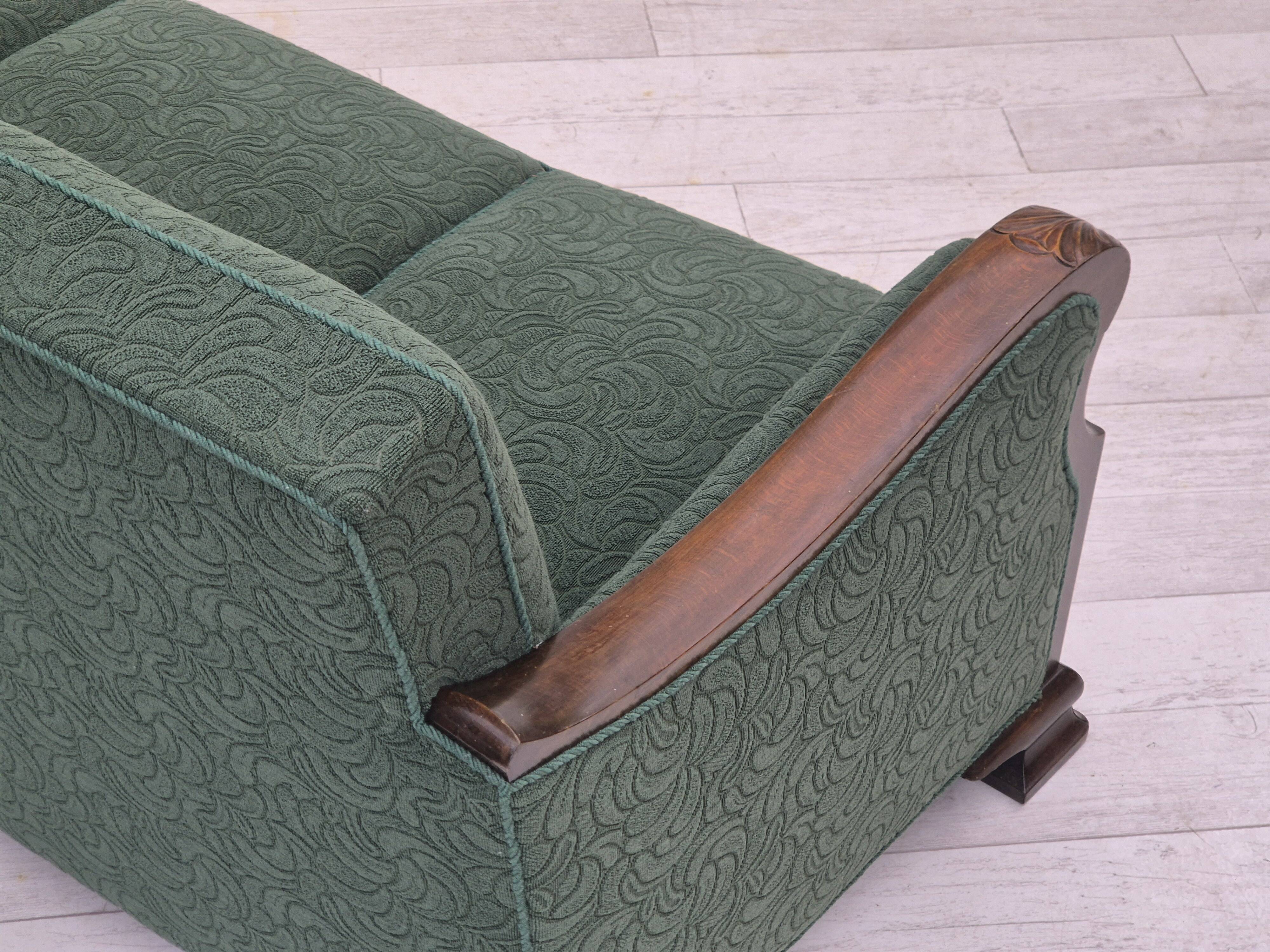 1950s, 3-seater sofa, green furniture blend wool, beech wood.