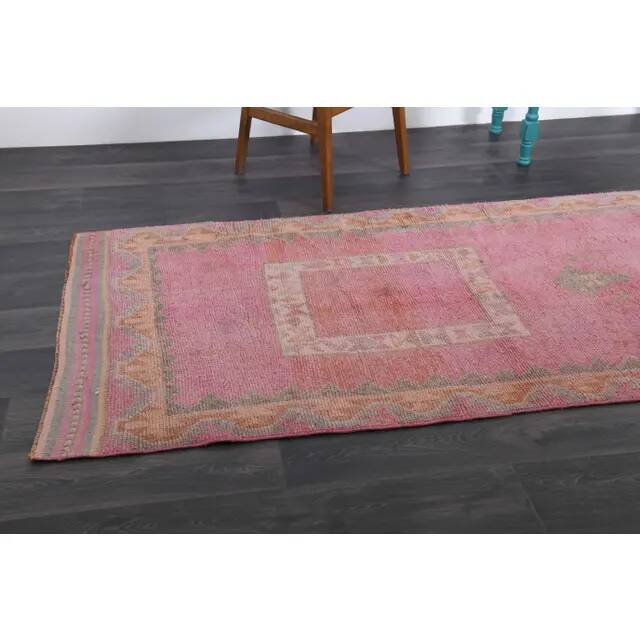 1970s vintage Turkish hand-knotted wool cotton pink runner rug 110x361