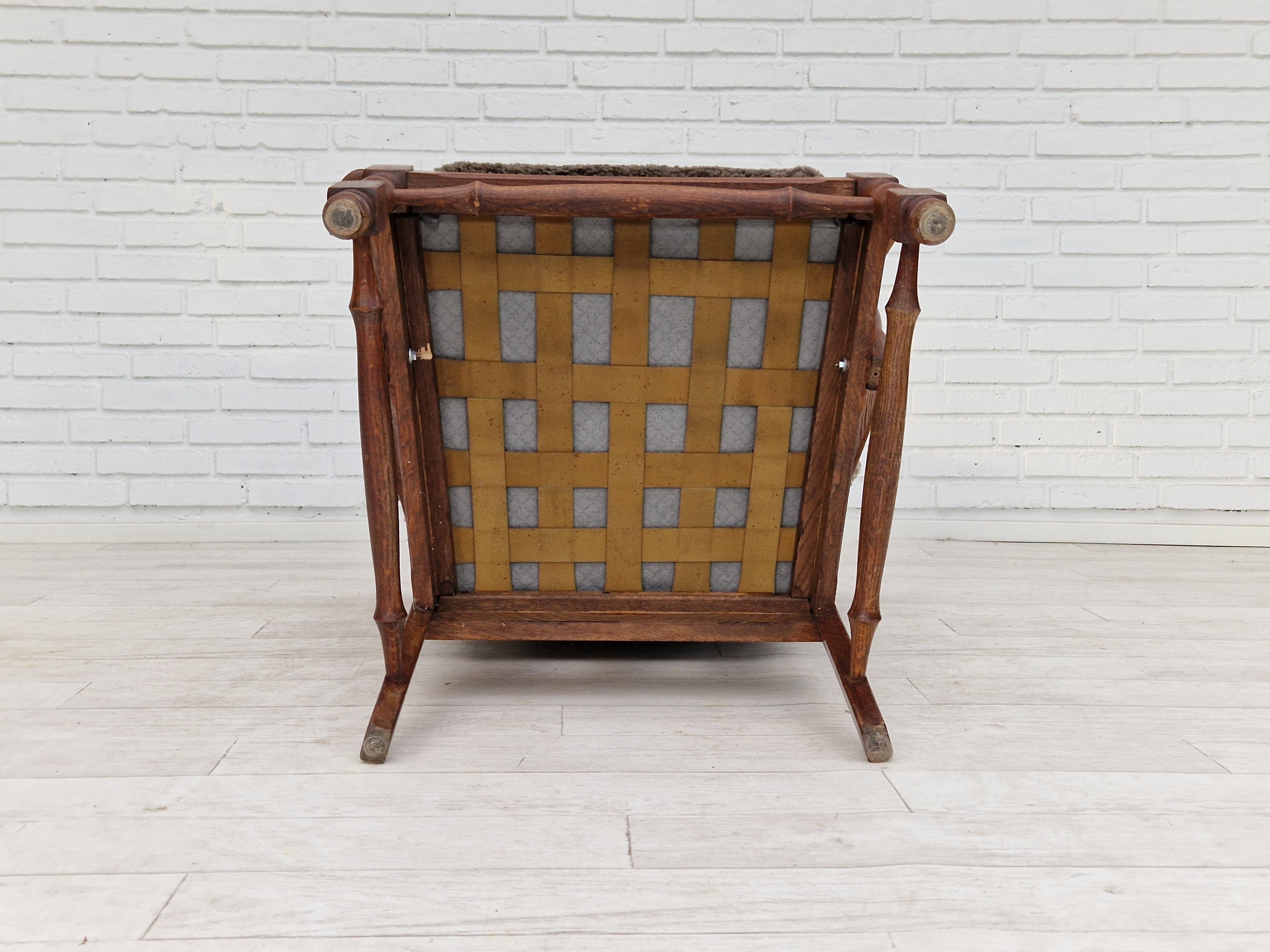 1960s, danish design, renovated-reupholstered high-back ear flap chair, sheepskin, oak wood