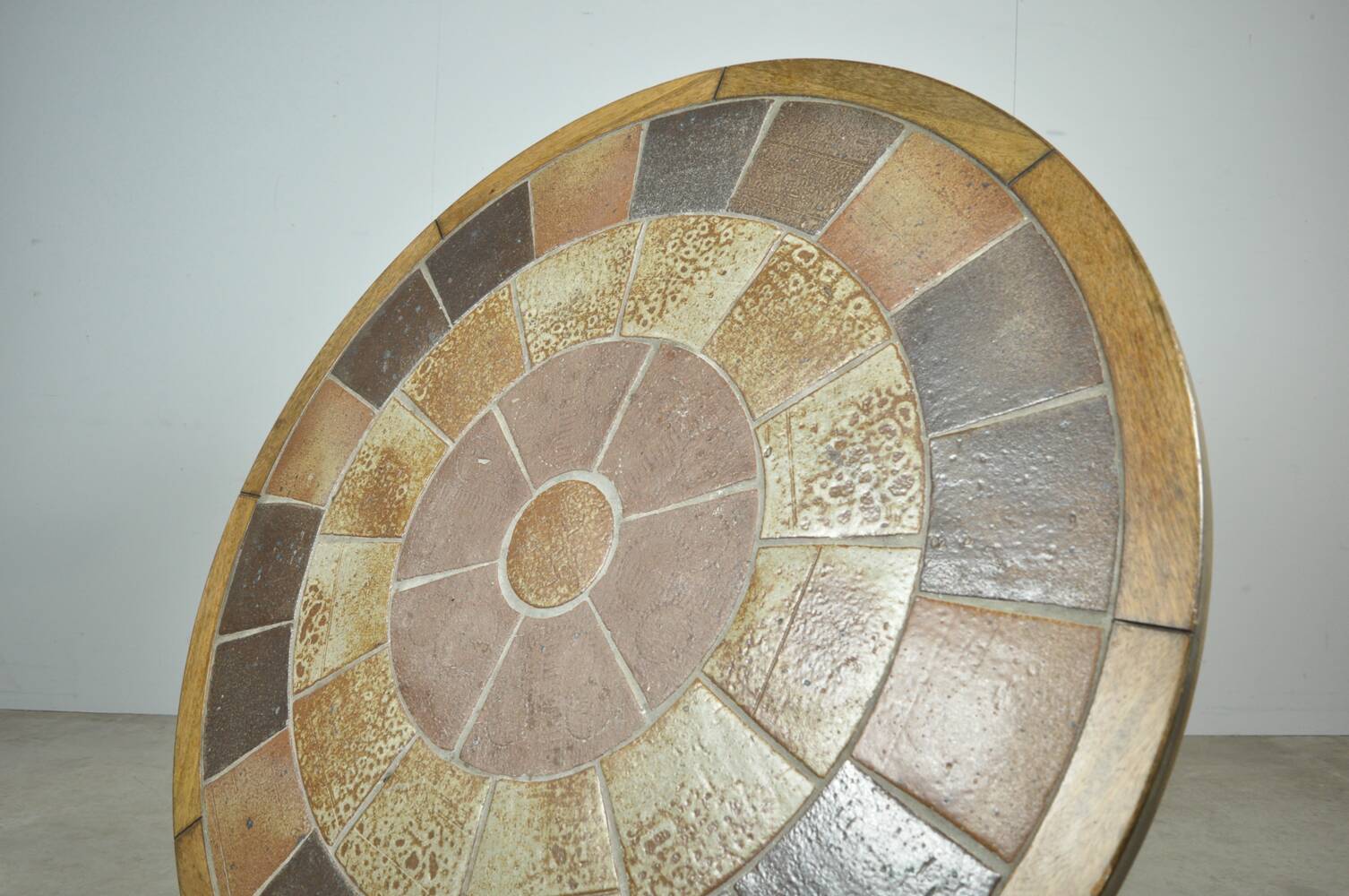 Vintage round coffee table with ceramic tiles by Danish artist TUE POULSEN,