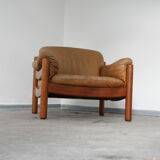Teak and leather club armchairs
