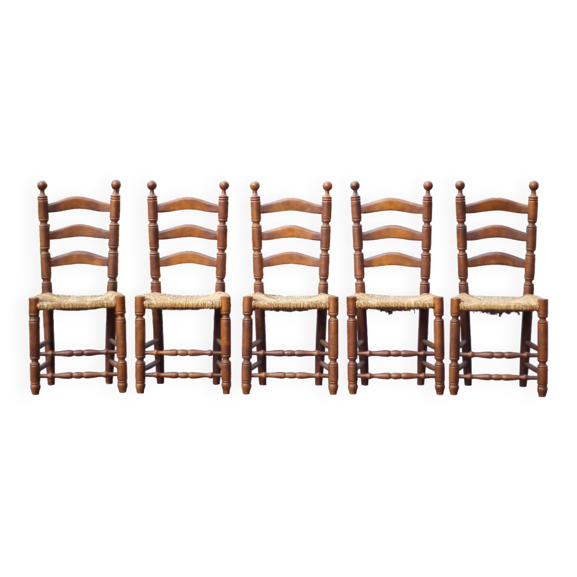 Set of 5 vintage wooden and straw chairs, straw chair, countryside
