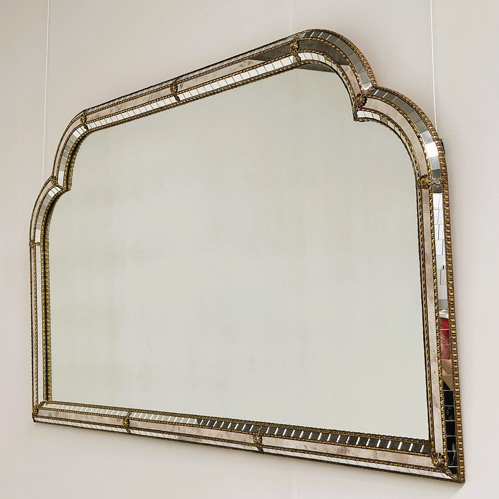 Large Spanish gilt brass & smoked mirror decorative wall mirror, 1980s