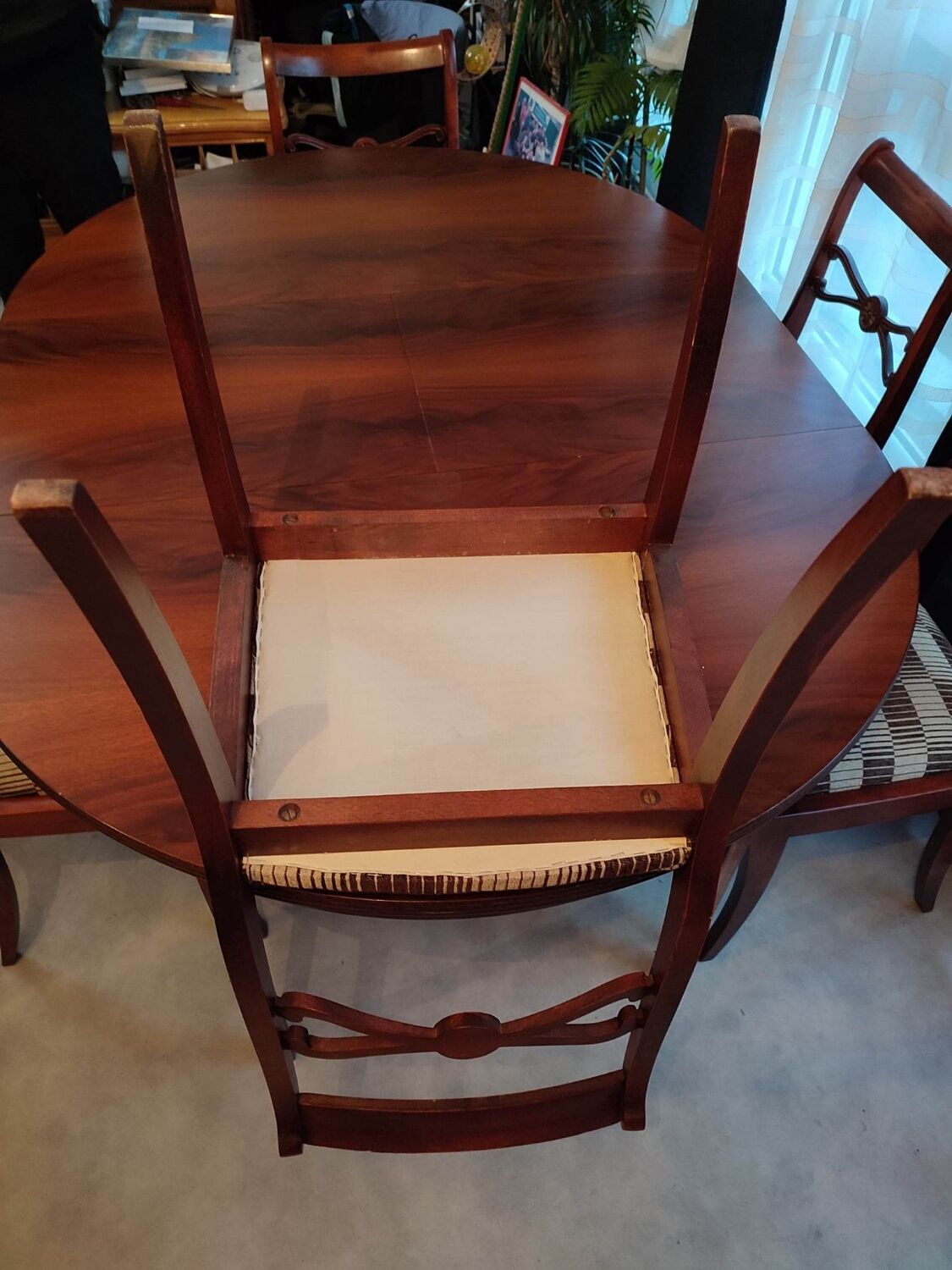 Table + extensions and chairs Gerbeau mahogany vintage wood
