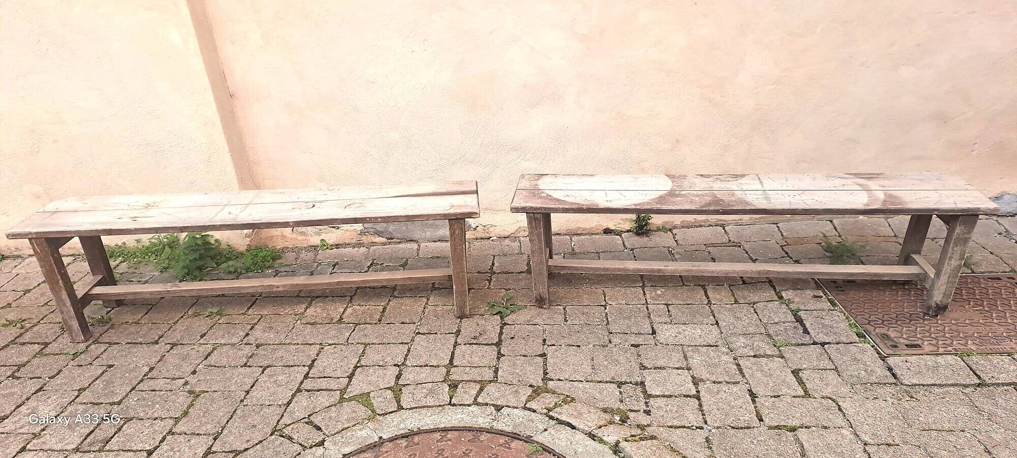 Pair of solid raw wood benches XIX