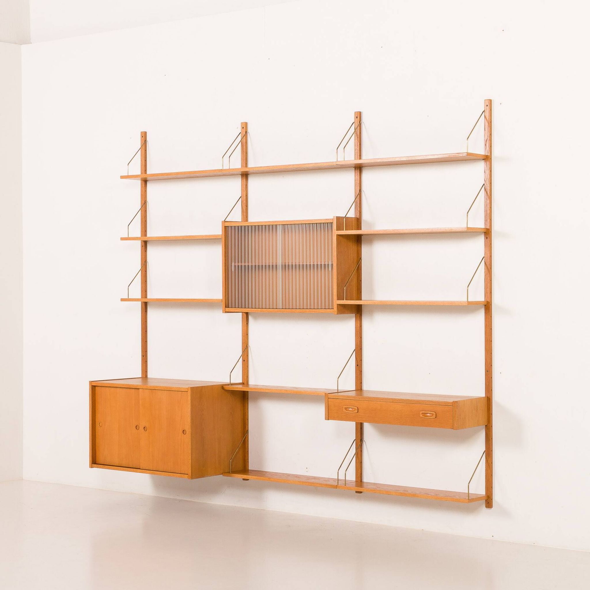 Scandinavian oak wall unit by PS System, Randers, Denmark, 1970s