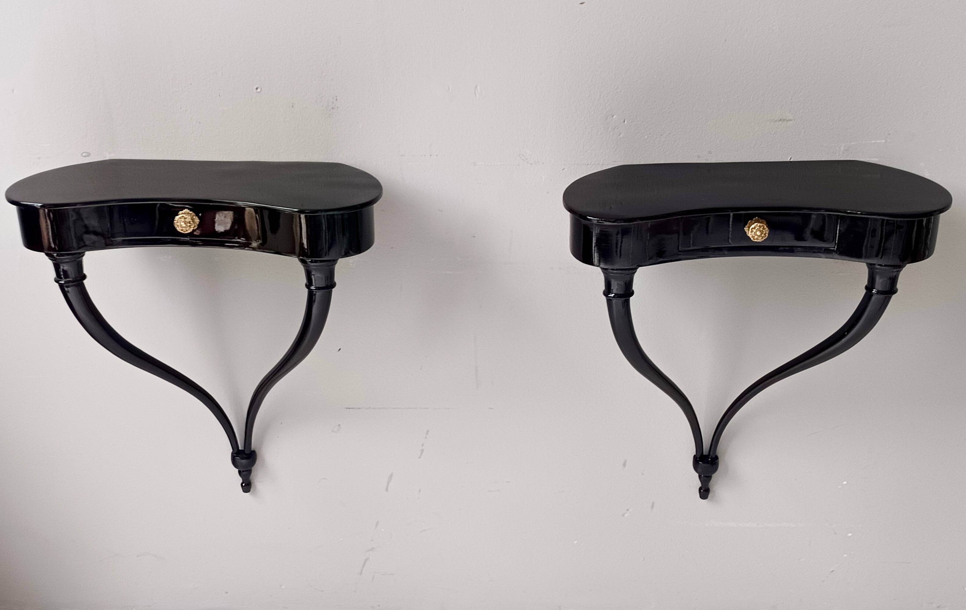 Pair of Black Wall-Mounted Console Tables / Nightstands attr. to Ulrich