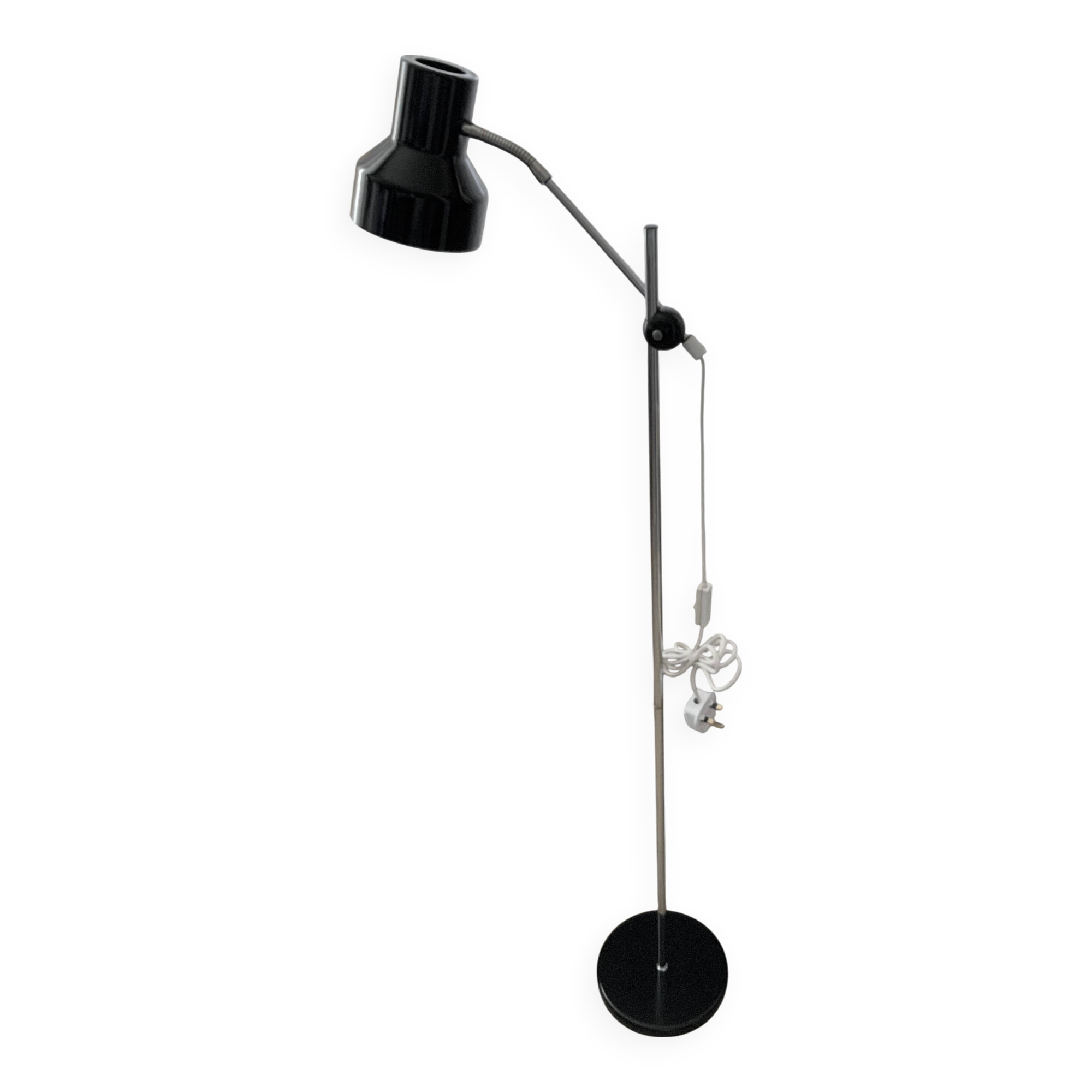 Lampadaire de lecture vintage rétro, noir, acier, Suède, années 1960