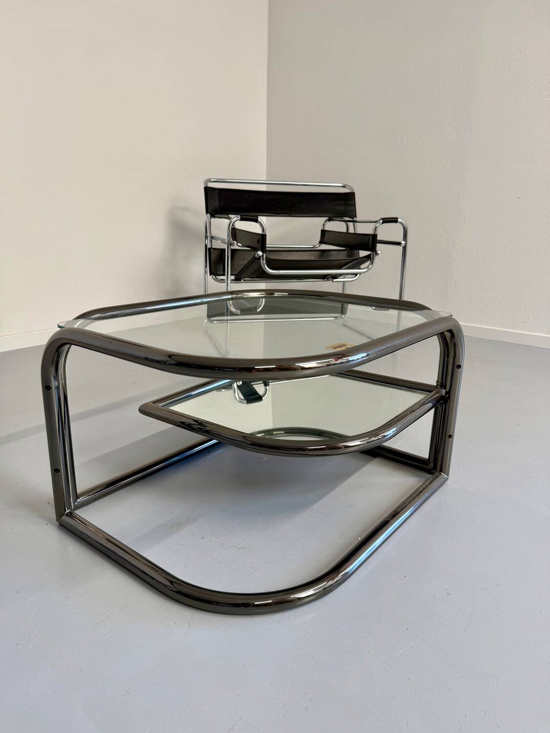 Vintage tubular coffee table with glass top, Italian design Morex, 70s