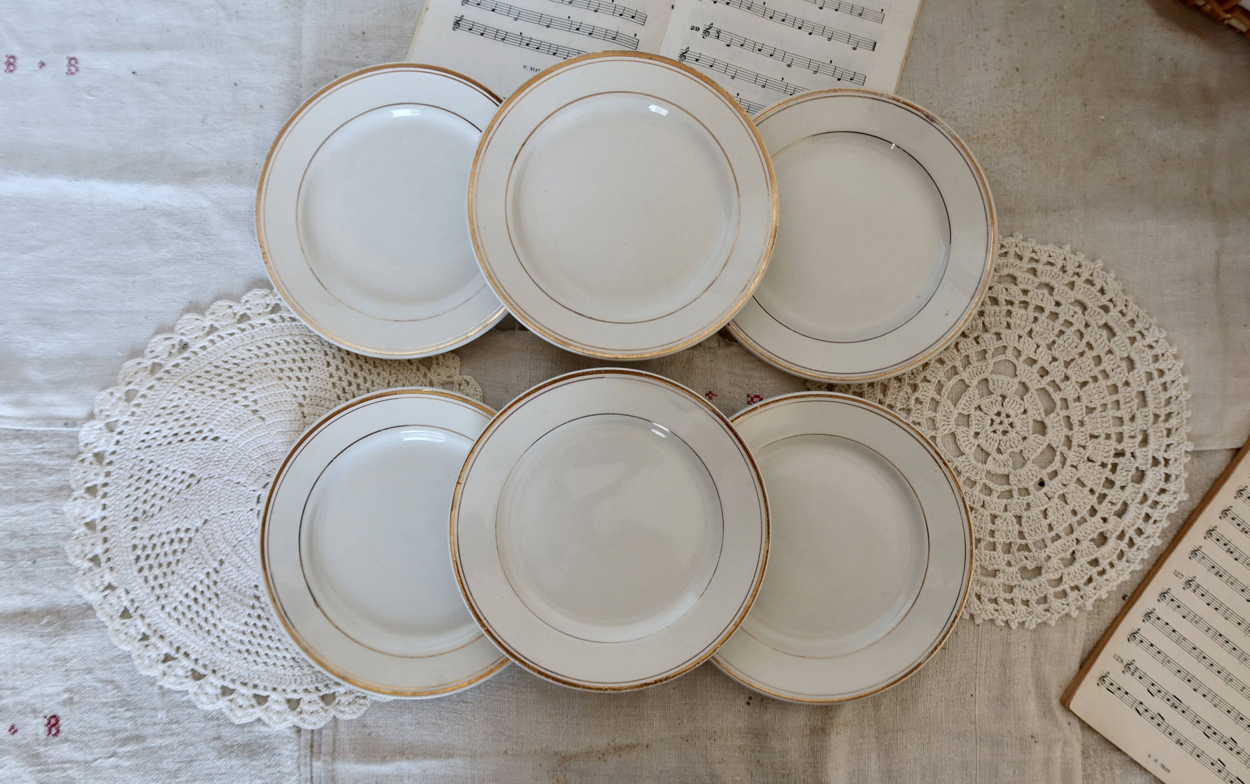 6 half porcelain Lunéville earthenware dessert plates with gold edging