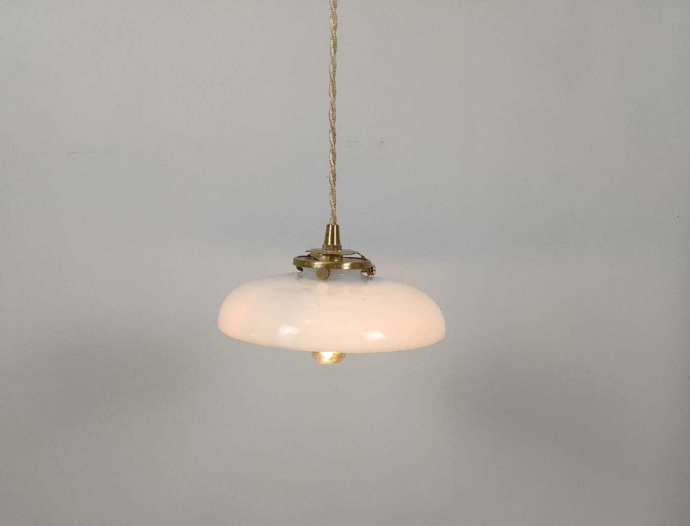 Vintage suspension in white opaline with a bulged shape – 1960s lampshade, brass.