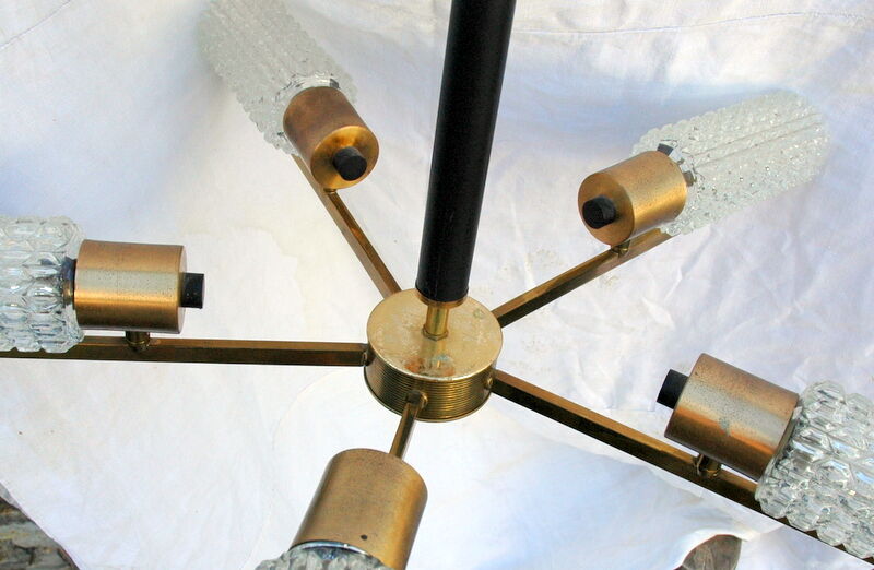 Vintage chandelier 5 lights, glass globes and golden metal mount